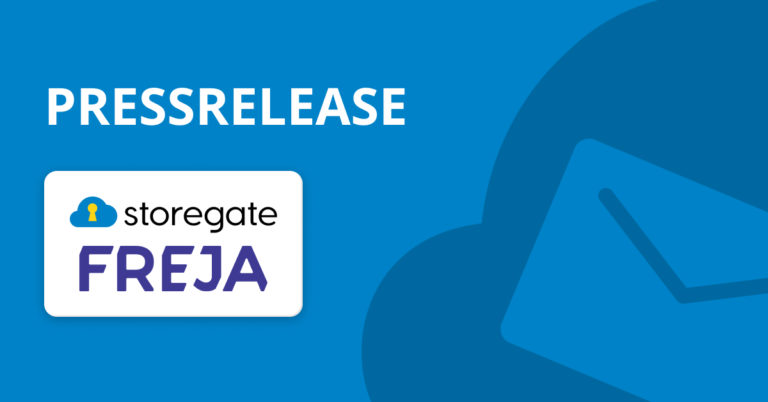 Blue box with the text press release and logos for Storegate Freja