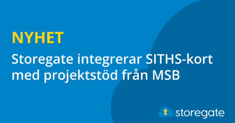 Blå bild med texten "Nyhet: Storegate inegrerat SITHS-kort med projektstöd från MSB".